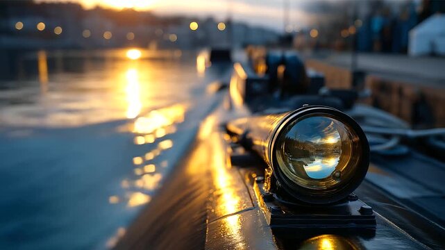 Faceless artistic composition showing the submarine&rsquo;s periscope in focus, background defocused with golden reflections of sunset, with copy space.