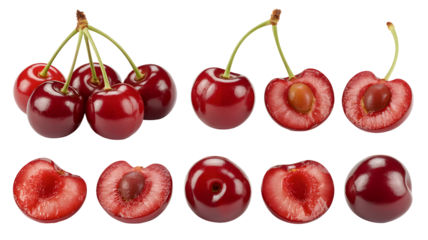 Collection of fresh red cherries, whole and halved, isolated on transparent background