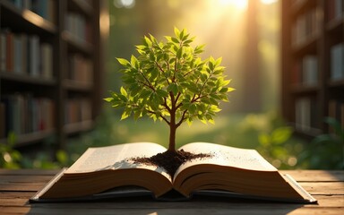 The concept of education by planting a tree of knowledge in the opening of an old book in the library and the magical magic of light that flies to the destination of success. Beautiful background