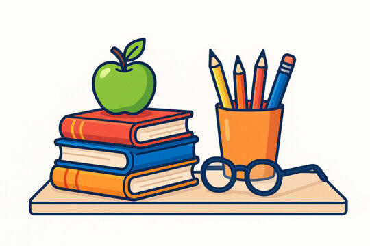 A teacher s desk with books glasses and a coffee cup