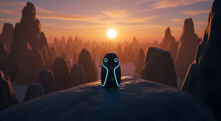 Glowing penguin like figure with neon blue lines standing on rocky ledge at sunset in surreal futuristic landscape