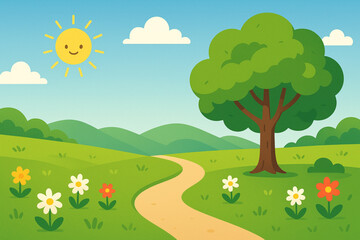 Fototapeta premium A sunlit pathway winds through a vibrant landscape scene