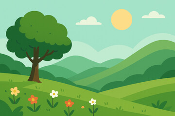 Obraz premium A peaceful green valley landscape with rolling hills and vibrant foliage