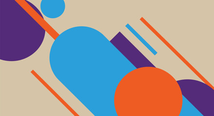 Abstract colorful geometric background with diagonal lines and shapes. Vibrant orange, blue, and purple circles on a beige backdrop.