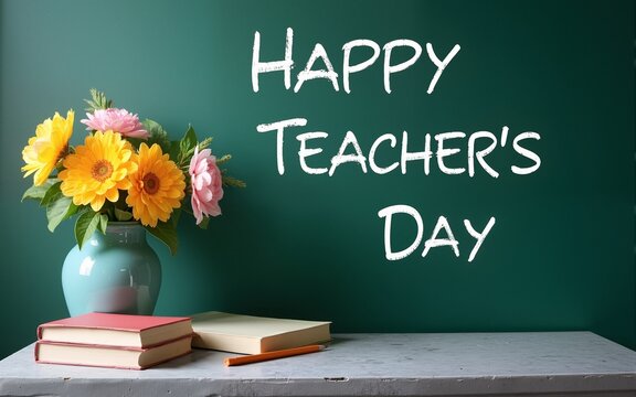 Green chalkboard with inscription HAPPY TEACHER'S DAY, vase of flowers and books on grey stone table. Space for text. High quality