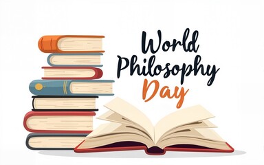 World Philosophy Day. Stack of books with open book and lettering on white background. vector illustration. High quality