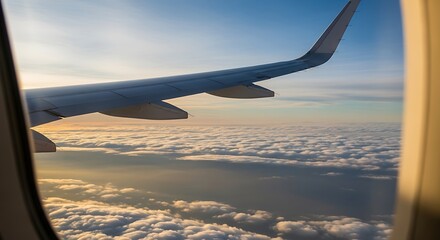 Obraz premium Airplane wing view from the window above the clouds at sunset.
