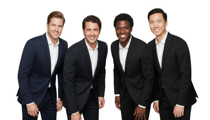 Four diverse business men smiling confidently, creating trust and collaboration, perfect for teamwork ads and corporate success