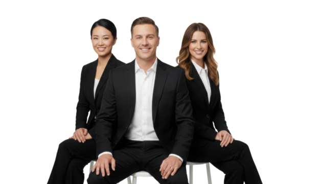 Dynamic trio of smiling business professionals showcasing leadership and teamwork for success and growth