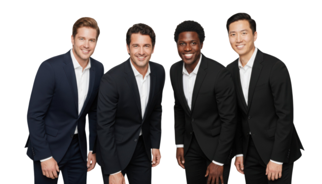 Four diverse business men smiling confidently, creating trust and collaboration, perfect for teamwork ads and corporate success
