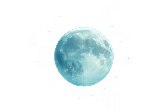 Blue full moon displaying craters and surface details, appearing as a glowing celestial body or planet in deep space