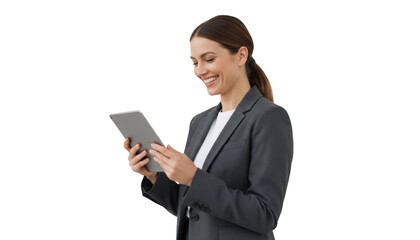 Smiling businesswoman browsing on her digital tablet, checking email and social media updates with excitement