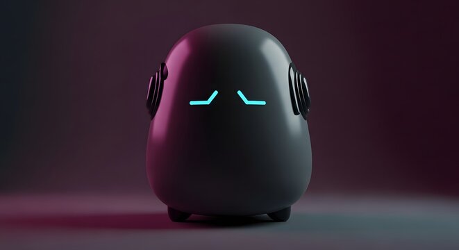 Stylized dark robot with glowing cyan face lines and speaker like ears in gradient sci fi setting with purple blue lighting
Keywords:
robot, futuristic, artificial intelligence, glowing, minimalistic,