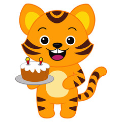Cute Baby Tiger Cartoon Illustration Holding Birthday Cake with Joyful Expression