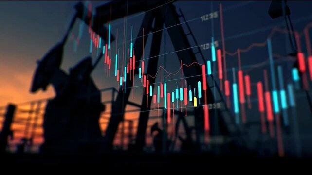 Oil price forecast with digital chart overlay, market trend, pumpjack silhouette sunset, colorful candlestick graph, financial analysis