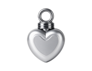 A silver heart-shaped locket with a loop for attachment, showcasing a sleek and polished design.
