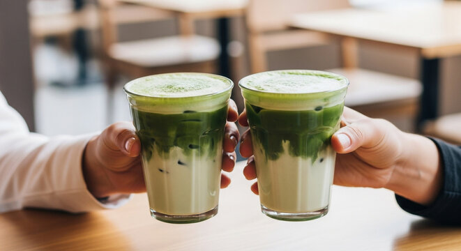 Two friends clinking glasses of iced matcha green tea latte for a toast in a modern cafe