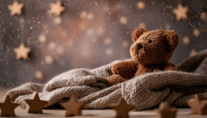 Brown teddy bear resting on a soft blanket, surrounded by wooden stars under a dreamy, star studded backdrop