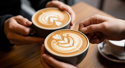 Two individuals sharing a cozy moment over beautifully crafted latte art coffees in a warm and inviting cafe setting, emphasizing connection and relaxation amidst daily routines
