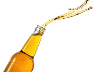 A bottle of beer pouring a golden liquid, showcasing bubbles and dynamic movement.