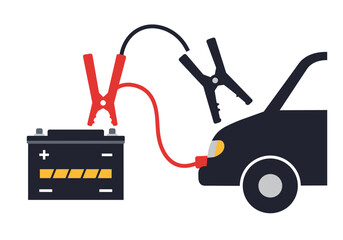 Jumper cables connecting car batteries for charging. Suitable for automotive, road assistance, vehicle repair, emergency, and stranded concepts.