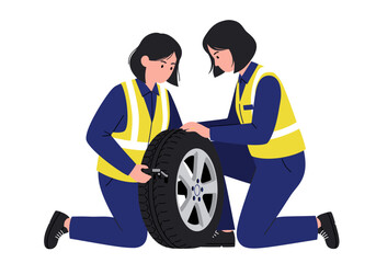 Two workers in safety vests repair a tire on a white background. Suitable for automotive, repair service, road assistance concept.