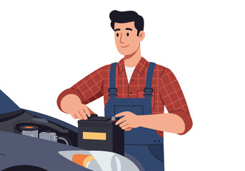 Mechanic working on car engine with battery. Suitable for automotive repair services, car maintenance, car workshop, mechanic service advertisements.