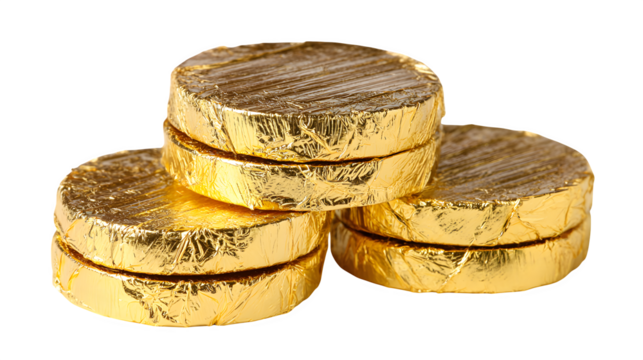 Gold Chocolate Coins, isolated on transparent background