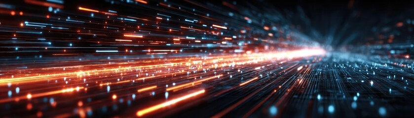 Bits of data in high speed transfer background concept. Dynamic light trails create a sense of speed and motion.