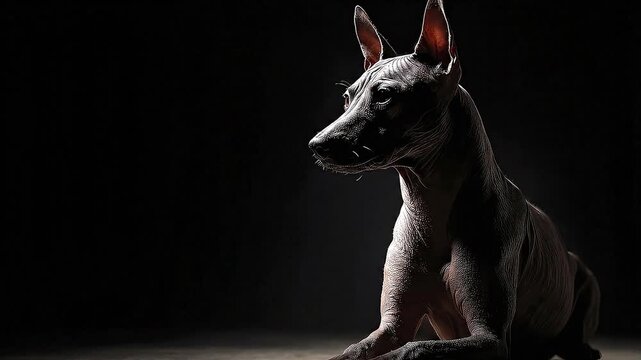 A hairless dog sits in dark studio lit from side muscular build visible
