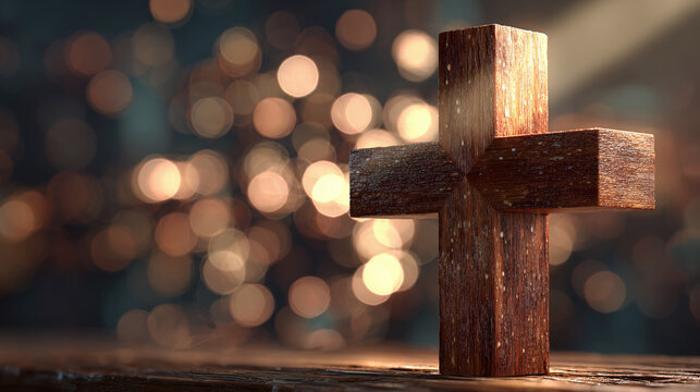 A simple yet profound wooden cross, radiating warmth and reverence. The cross stands as a symbol of faith and hope