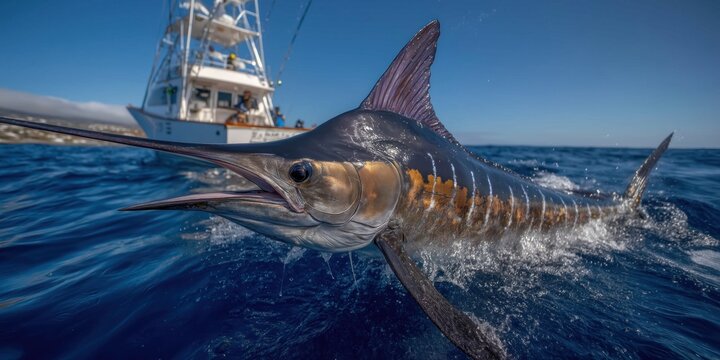 Fisherman battling a marlin in the vast ocean, struggling to reel in the powerful fish amidst the rolling waves and open sea