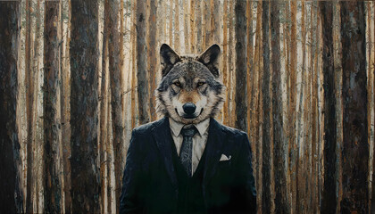 painting of an eurasian wolf wearing a suit and tie, standing in a forest, conveying concepts of power, mystery, and anthropomorphism