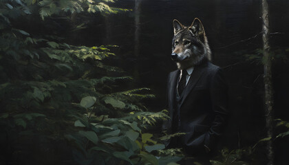 painting of an eurasian wolf wearing a suit and tie, standing in a forest, conveying concepts of power, mystery, and anthropomorphism