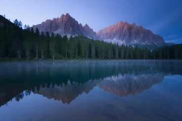 Tranquil alpine lake reflects jagged mountain peaks and evergreen forest under a twilight sky with soft mist rising from the water surface