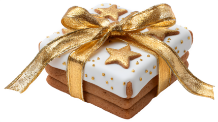 Gingerbread Gift with Gold Ribbon, isolated on transparent background