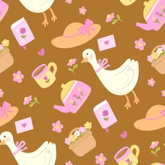 seamless silly goose pink cottage pattern