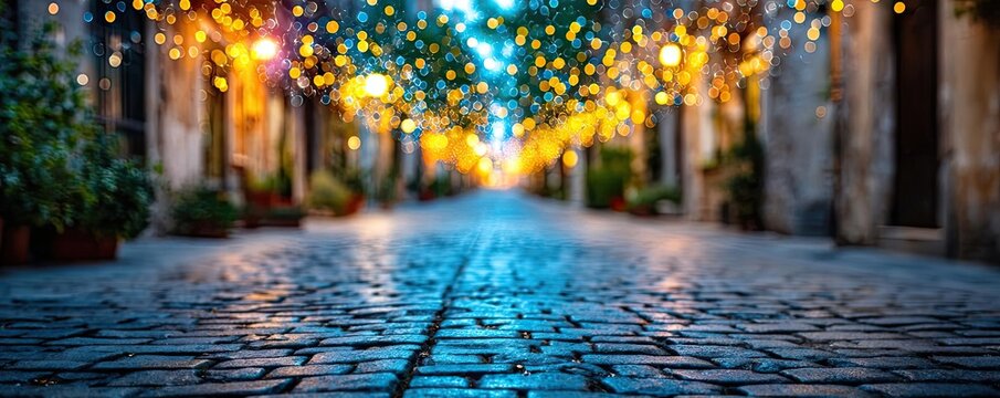 Light image depicting mobile network wires concept. A picturesque street adorned with colorful lights at night.