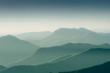 Obraz premium Misty mountain range with layers of soft green and blue hues creating a serene and atmospheric landscape evoking tranquility and natural beauty