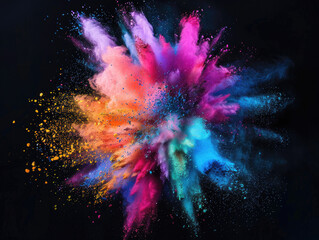 Fototapeta premium A vibrant explosion of colored powder creates a dynamic and colorful cloud against a black background. The colors include pink, blue, orange, and yellow.