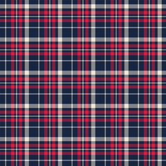 Fototapeta premium Classic plaid fabric pattern in navy, red, and cream with balanced crisscrossed lines, ideal for seamless fashion and cozy textile design