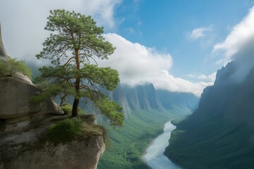 A solitary evergreen tree clings precariously to a rocky cliff edge overlooking a vast deep canyon with a winding river below and dramatic clouds in the sky