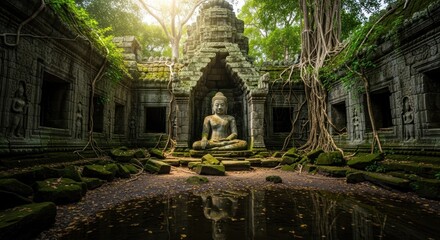 Ancient temple with Buddha, mossy walls, and tree roots in lush setting