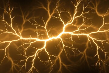A vivid, branching golden electrical discharge or lightning bolt pattern against a dark background, illustrating raw power and complex energy.