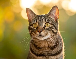 Obraz premium Close-up of a tabby cat with bright eyes and a soft, blurred background
