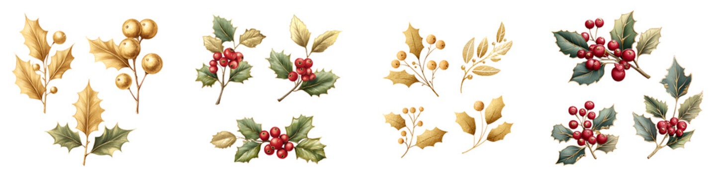 Watercolor Holly Berry Set: Christmas, Winter Holiday Decoration