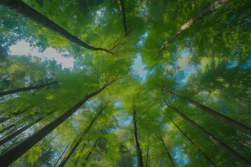 Looking up through a dense canopy of vibrant green deciduous trees in a lush forest with sunlight filtering through the leaves creating a dappled effect on a clear day