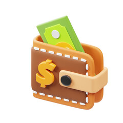Realistic 3D Rendering of Wallet with Money and Dollar Sign Icon