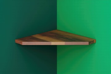 A modern triangular wooden corner shelf contrasts a vibrant two-tone green wall, creating a minimalist and stylish display feature.