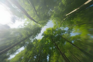 Looking up through a dense canopy of vibrant green trees towards a bright blue sky with sun flares creating a magical forest atmosphere